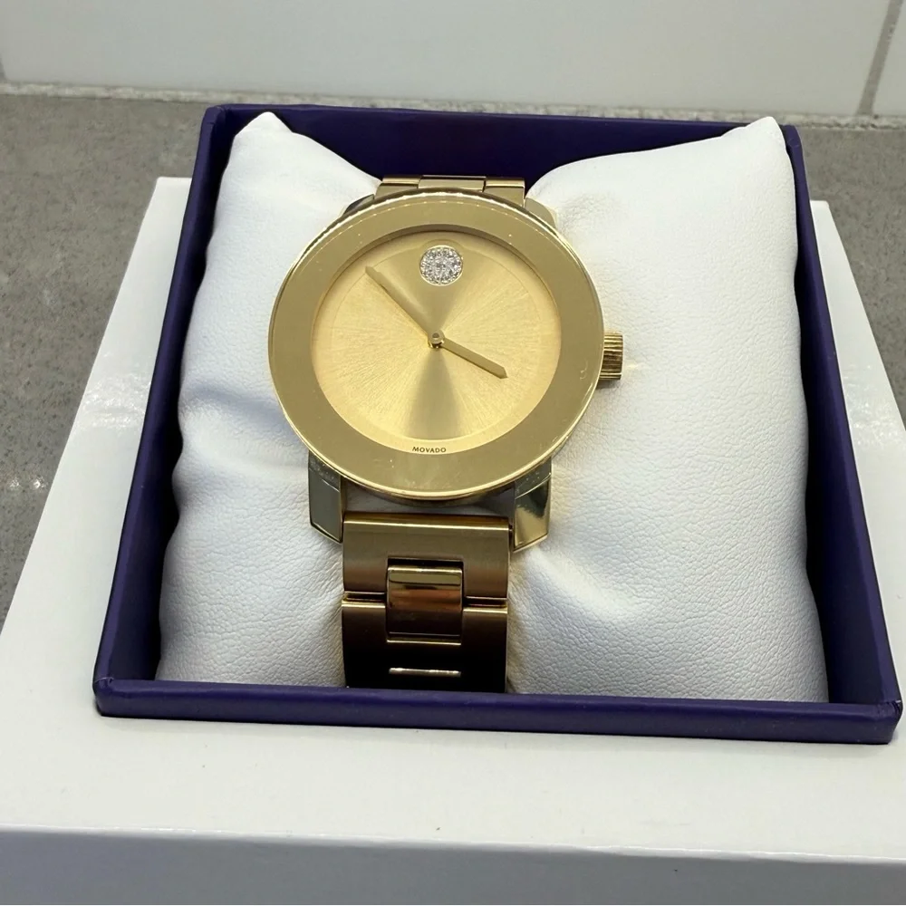 Movado Women's BOLD All Gold Stainless Steel Crystal Dot 36mm Watch New Battery